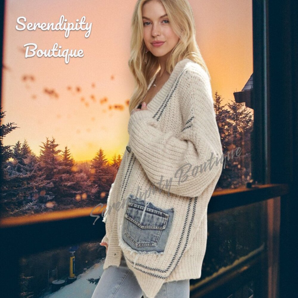 Softest Sweater You'll Ever Wrap Around Your Body Chunky Boho Denim Accent Cardi - Picture 3 of 11
